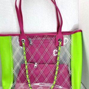 ~RARE~ STEVE MADDEN CLEAR TOTE 3 in 1 BAG  *LIME GREEN & PINK*  STUNNING STYLE